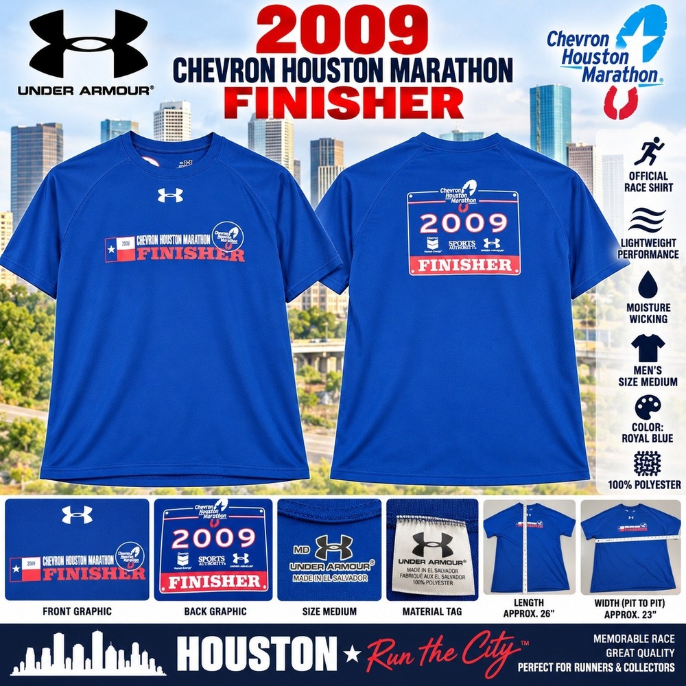 Under Armour 2009 Chevron Houston Marathon Finisher Shirt Mens Medium Blue